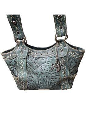 AMERICAN WEST Double Handle Tooled Leather Floral Design Bag Sage EUC